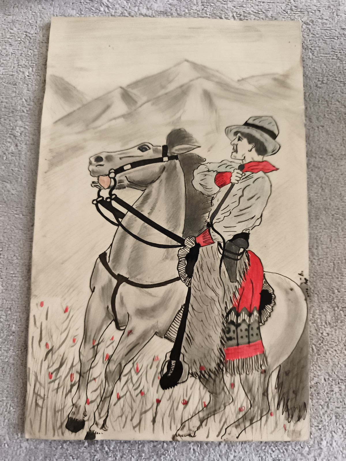 Carte postale illustrée cavalier montagnard costume rouge CPA