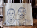 Dessin ancien au crayon signé 1989, double portrait vintage sur papier