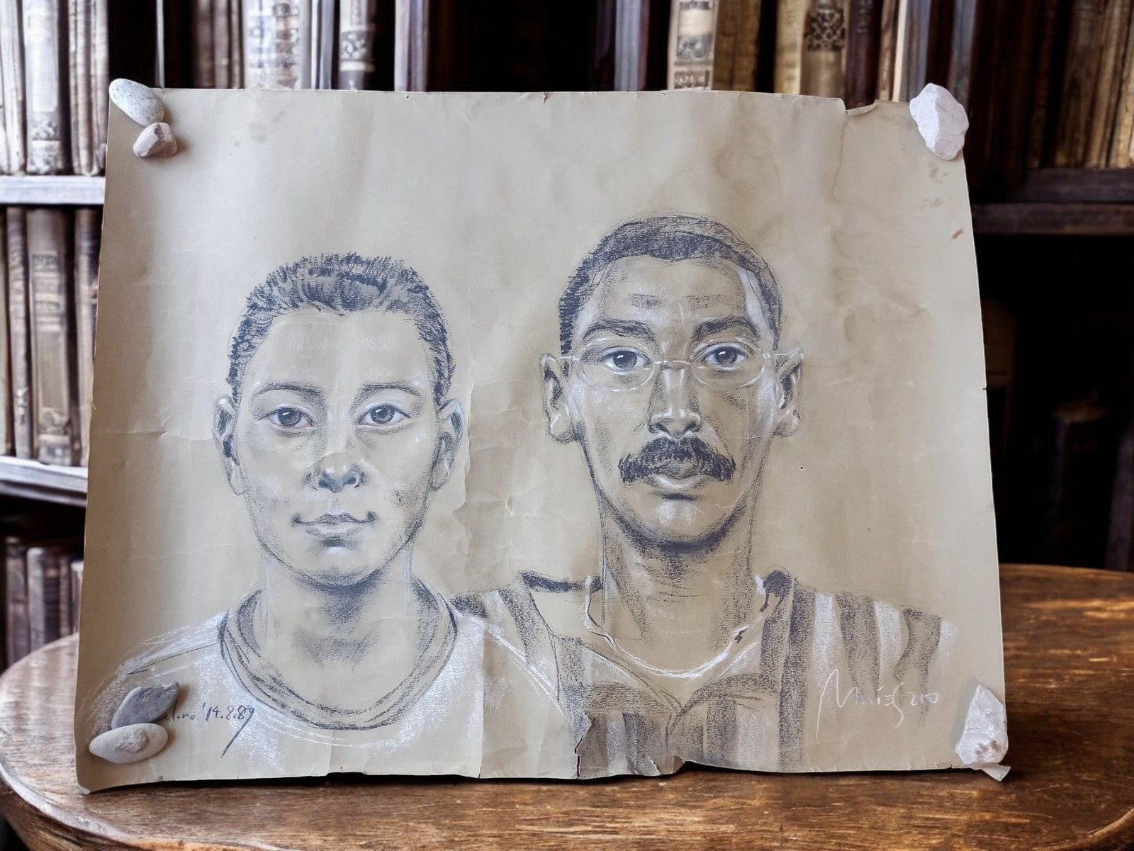 Dessin ancien au crayon signé 1989, double portrait vintage sur papier