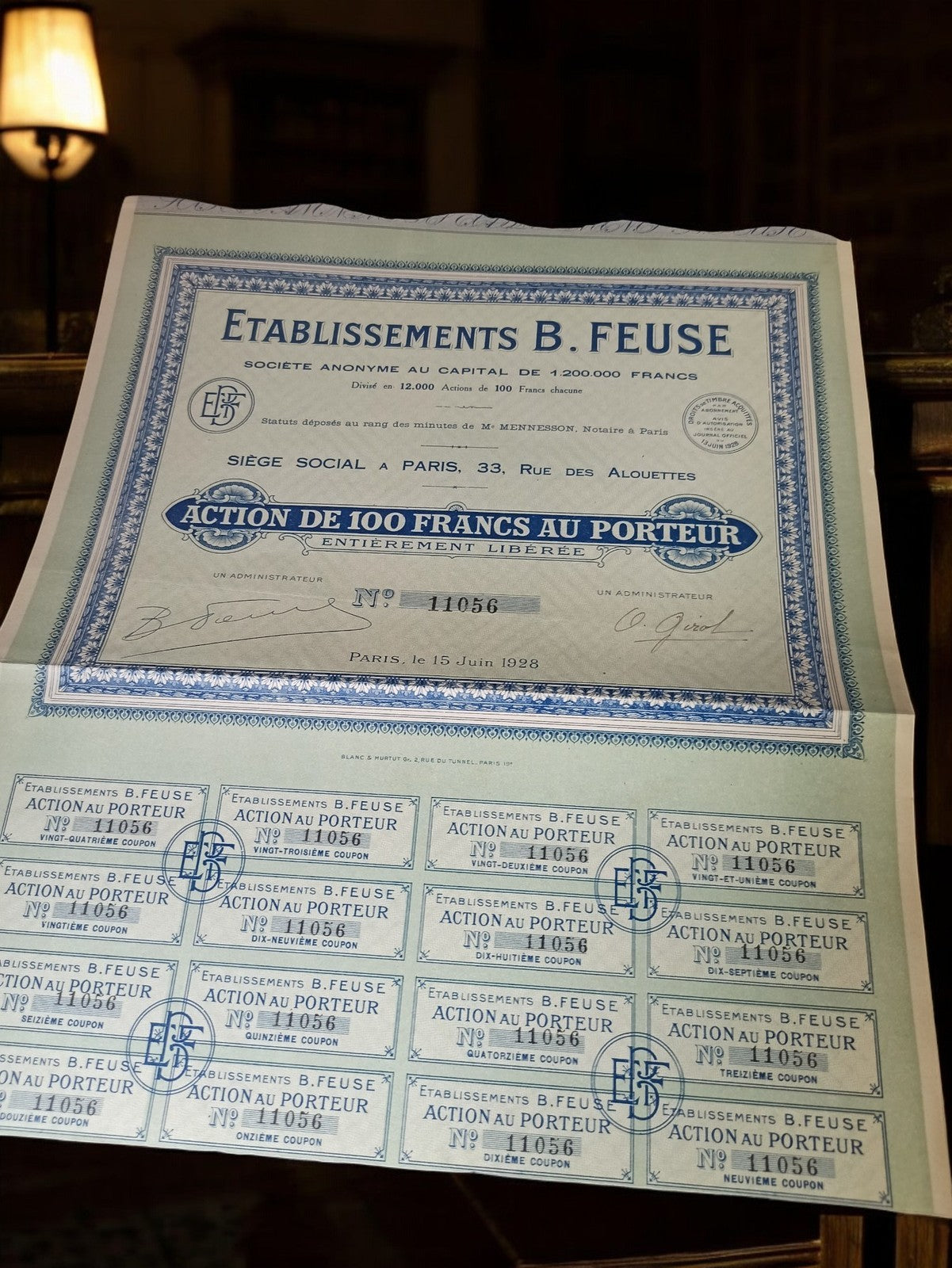 Action au porteur 100 francs B. Feuse 1928 document ancien Paris vintage
