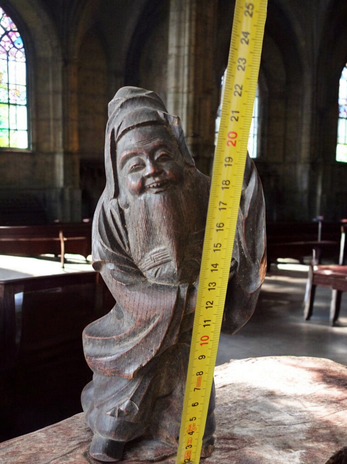 Statue ancienne sage chinois bois sculpté, Fu, patine sombre, restauration