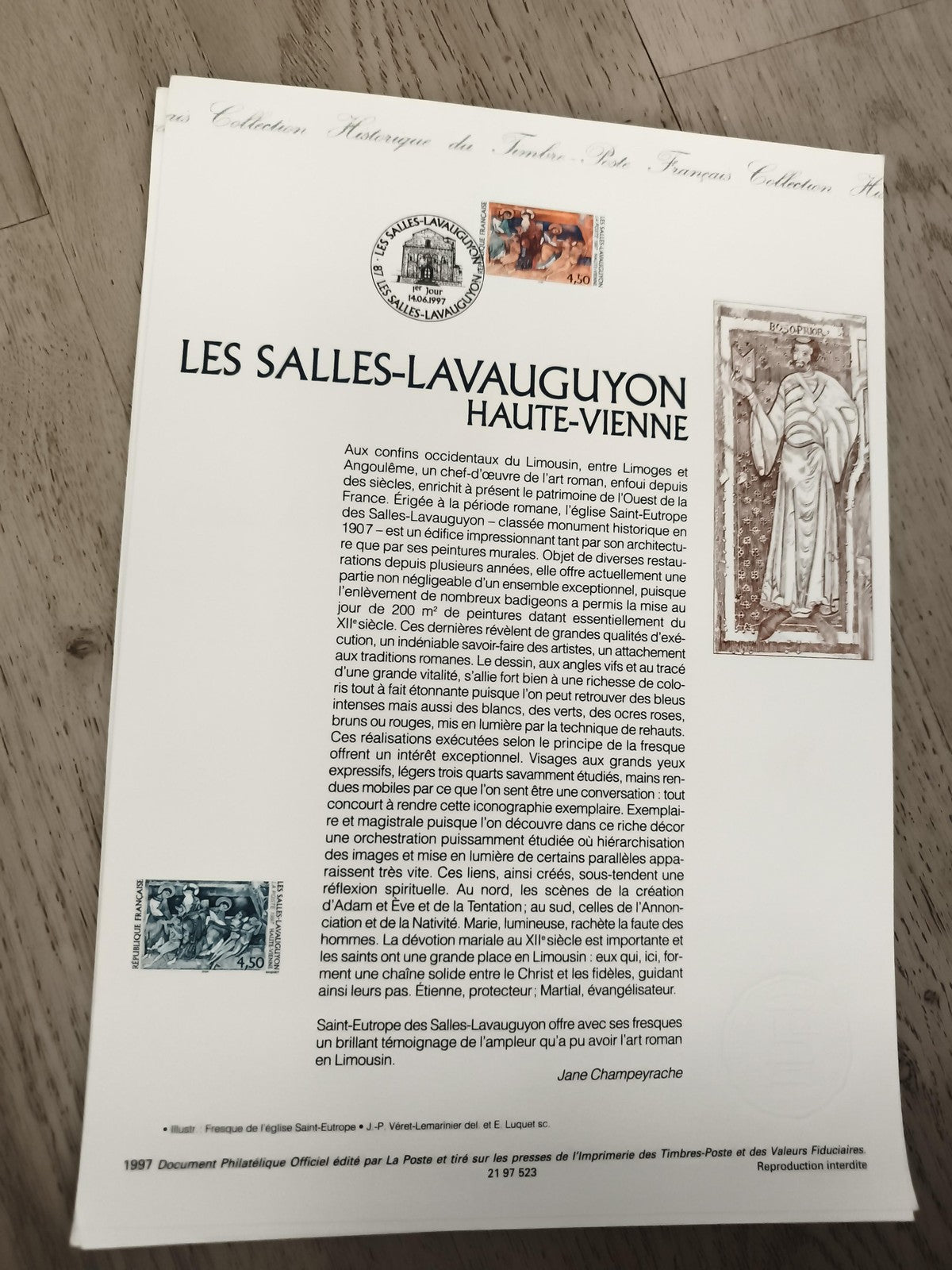 Feuillet philatélique Les Salles-Lavauguyon Haute-Vienne timbre oblitéré France