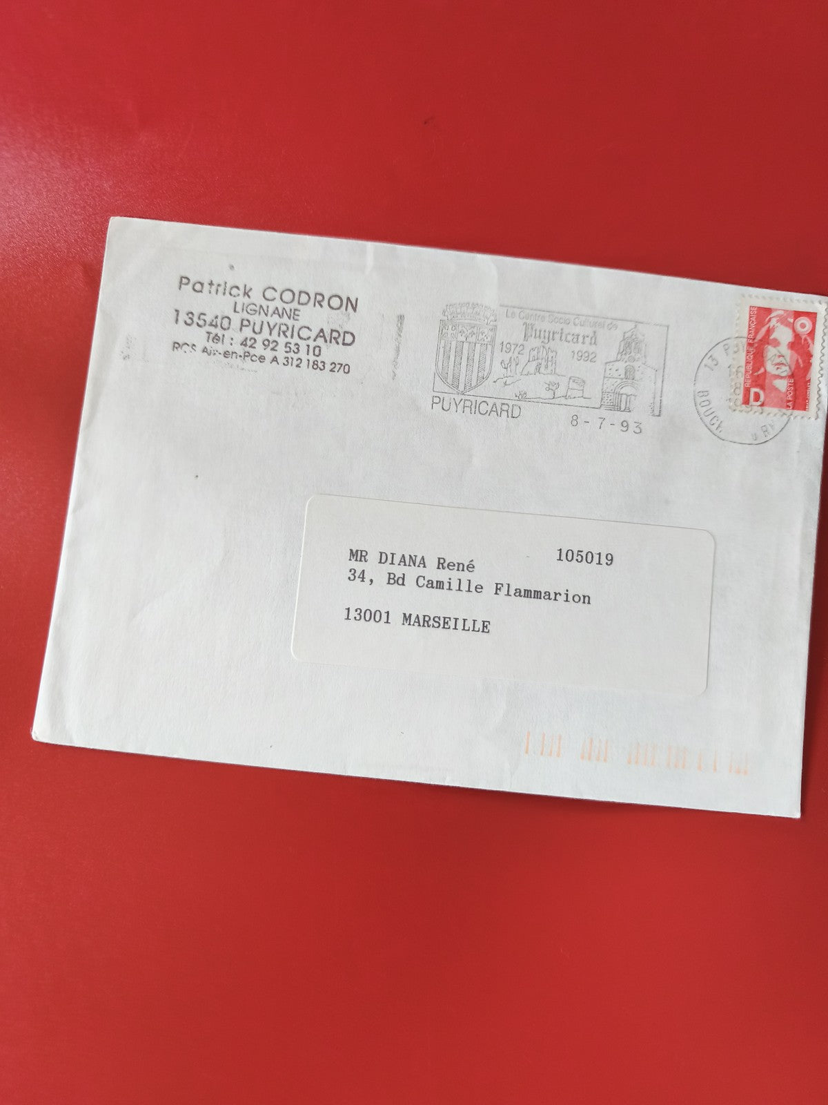 Enveloppe philatélie oblitérée Puyricard 1993 timbre Marianne rouge France