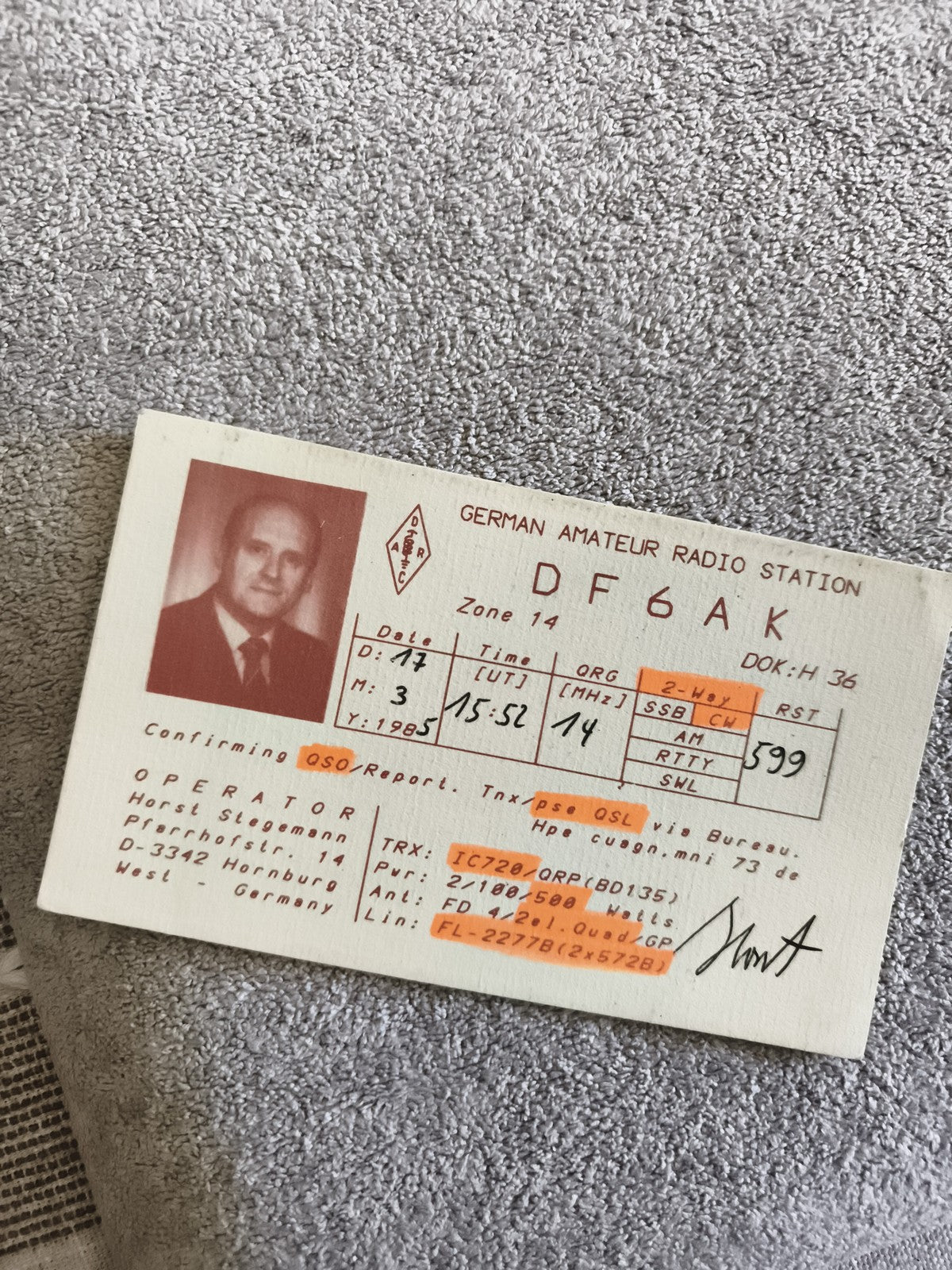 Carte QSL radio amateur DF6AK Allemagne 1985 ancienne QSL card vintage