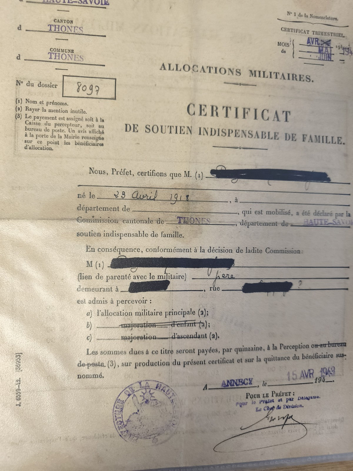 Ancien certificat militaire France 1943 Haute-Savoie document original