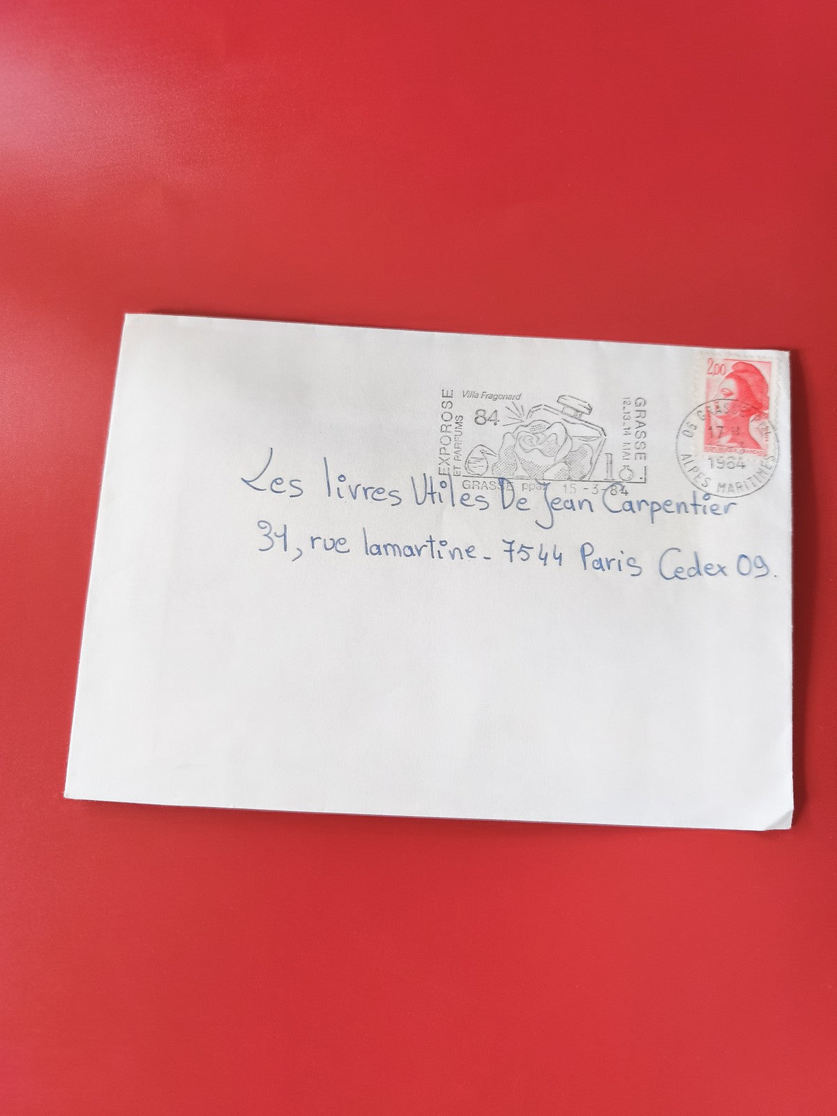 Enveloppe philatélie affranchie timbre Marianne rouge et cachet Grasse