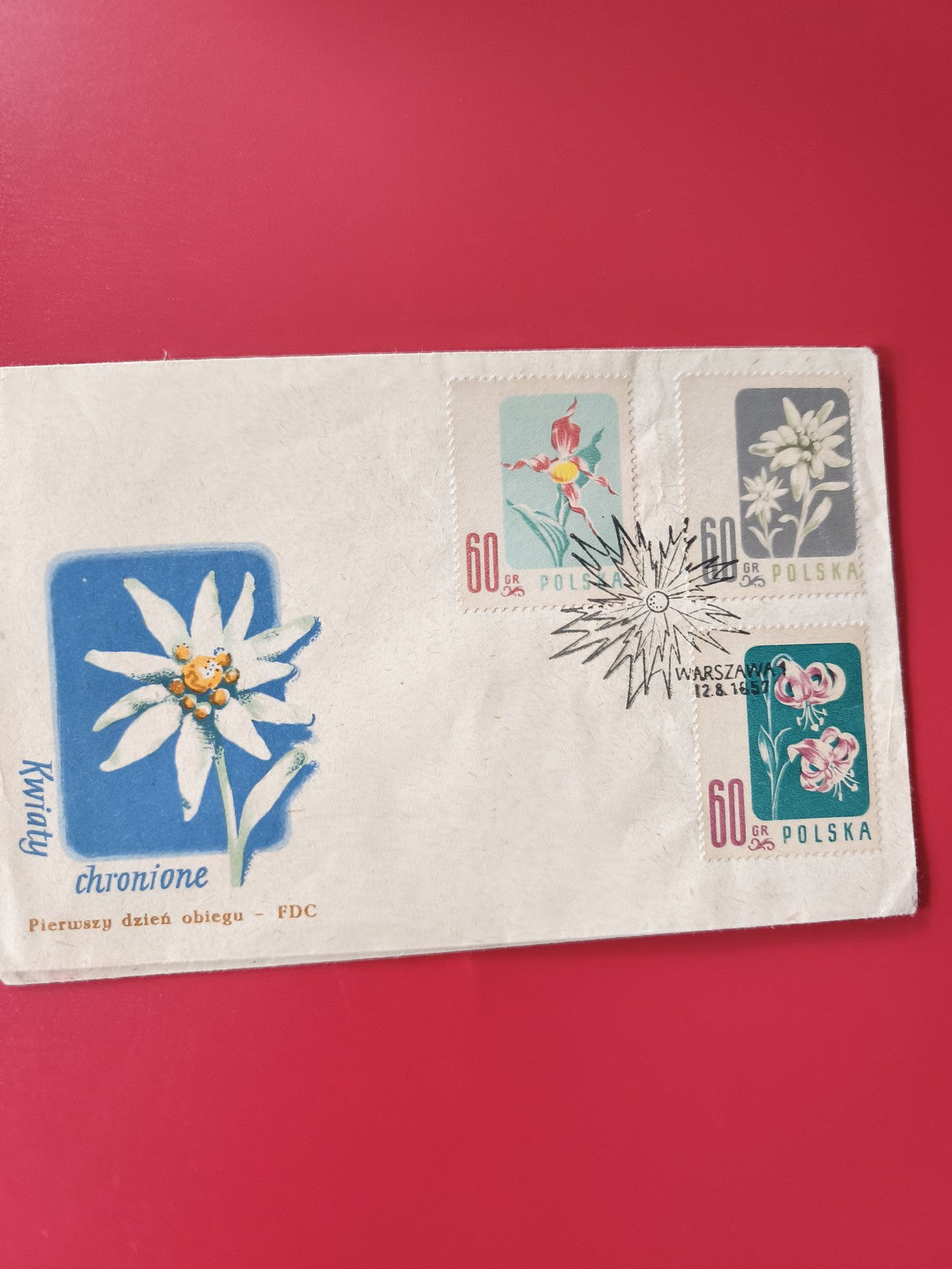 Enveloppe philatélie Pologne FDC fleurs timbres illustrés 1965 cachet Varsovie