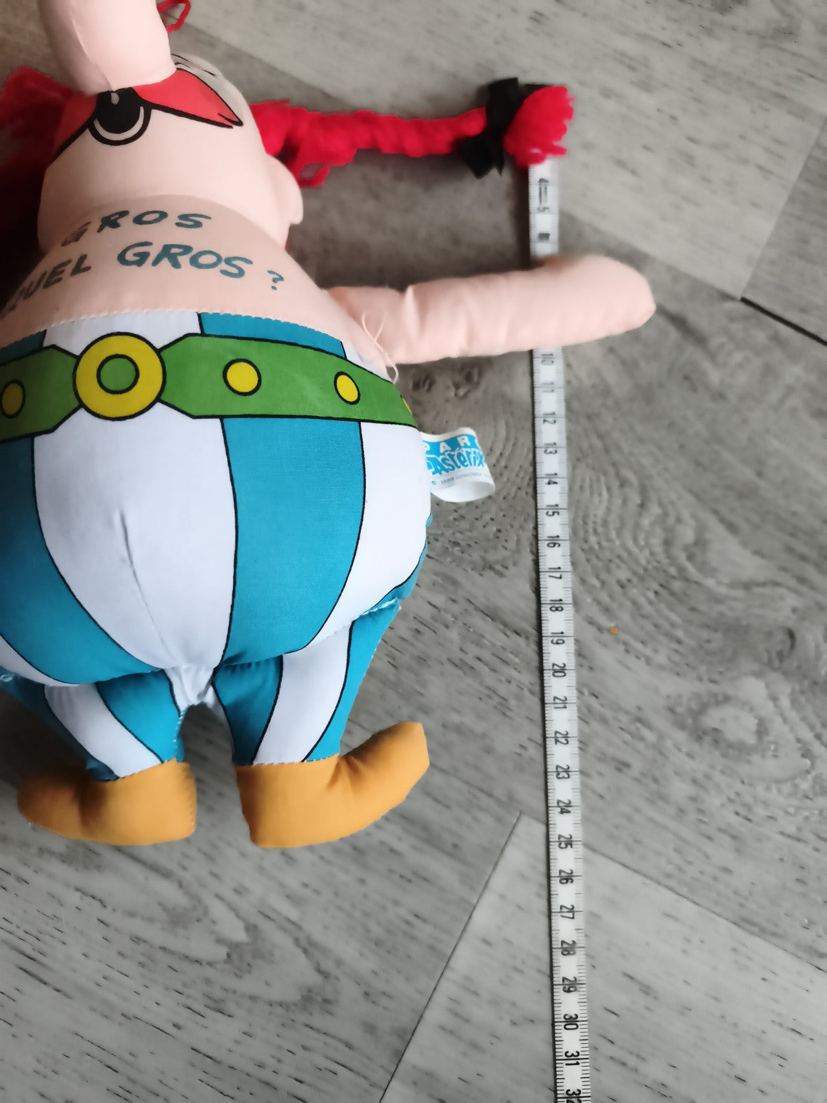 Peluche Obélix vintage Parc Astérix costume rayé inscription "Gros quel gros"