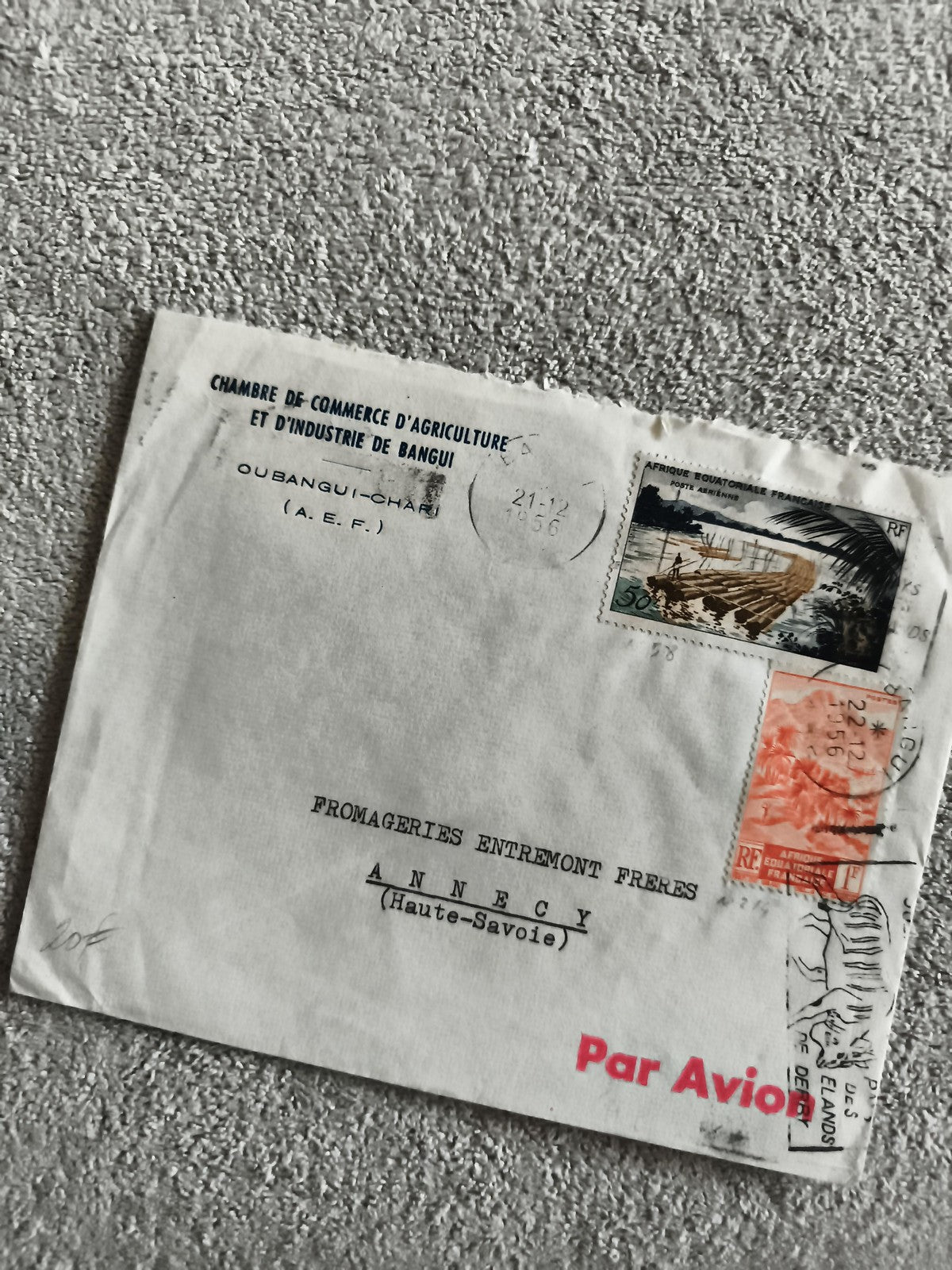 Lettre ancienne Bangui 1956 AEF timbres Par Avion Haute-Savoie philatélie