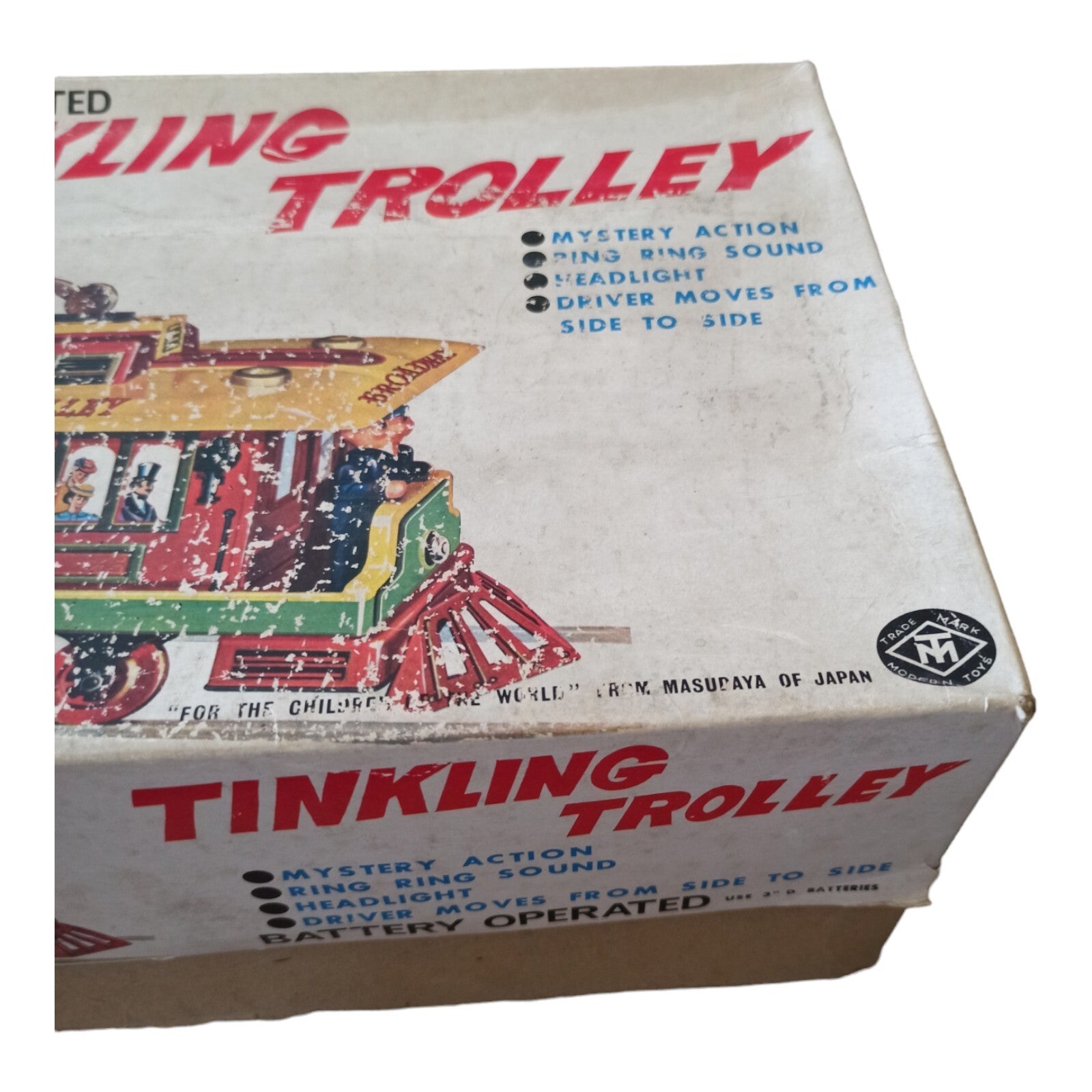 Jouet ancien Tinkling Trolley Masudaya Japan tram vintage 1940s boîte illustrée