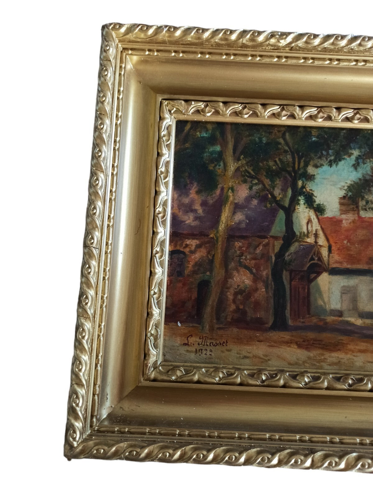 Peinture ancienne Laure Masset 1922 maison campagne cadre doré paysage