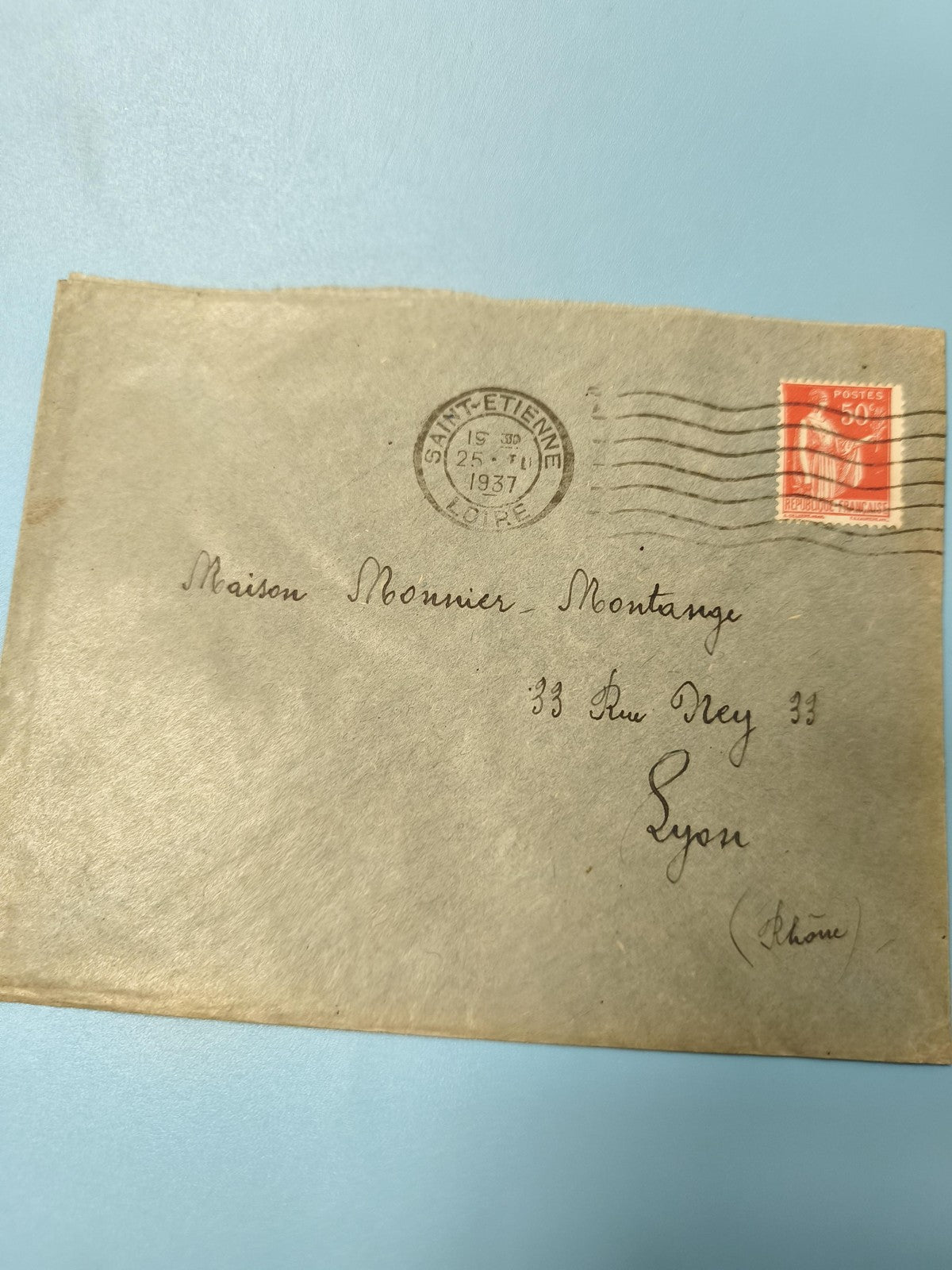 Ancienne enveloppe oblitérée 1937 philatélie timbre 50c Saint-Étienne Lyon
