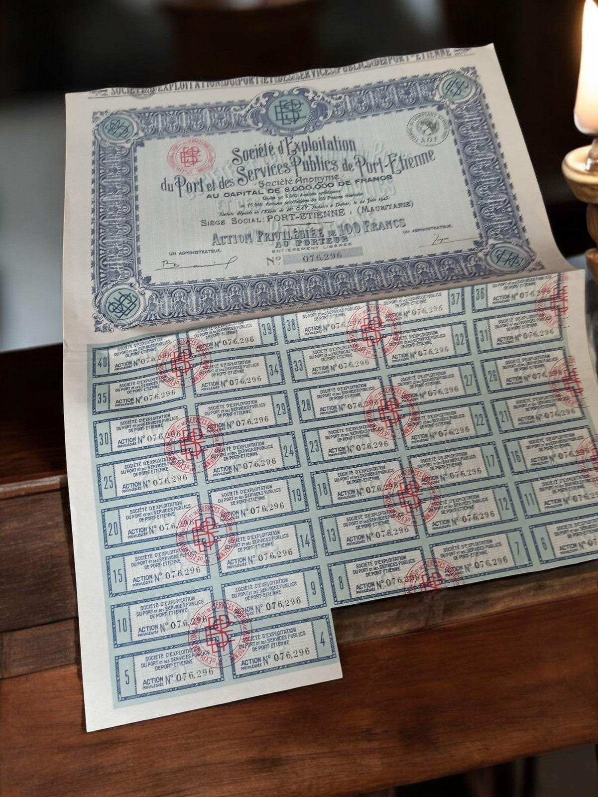 Action au porteur Société Port-Étienne années 1920 document financier vintage