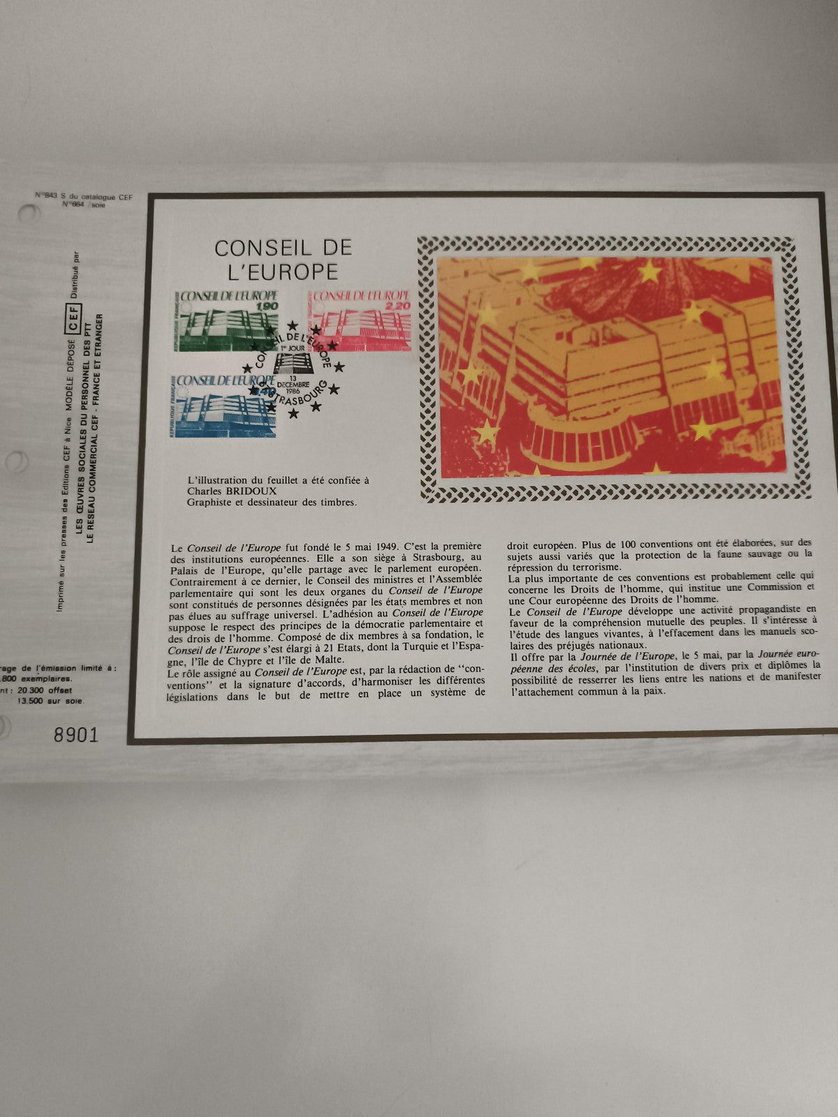 Feuillet CEF Conseil de l’Europe Strasbourg 3 timbres oblitérés illustration Bri