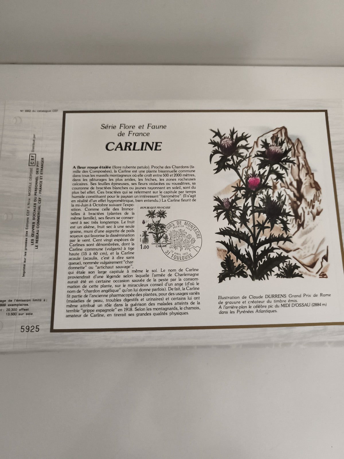 Feuillet CEF Série Flore et Faune Carline illustré timbre oblitéré