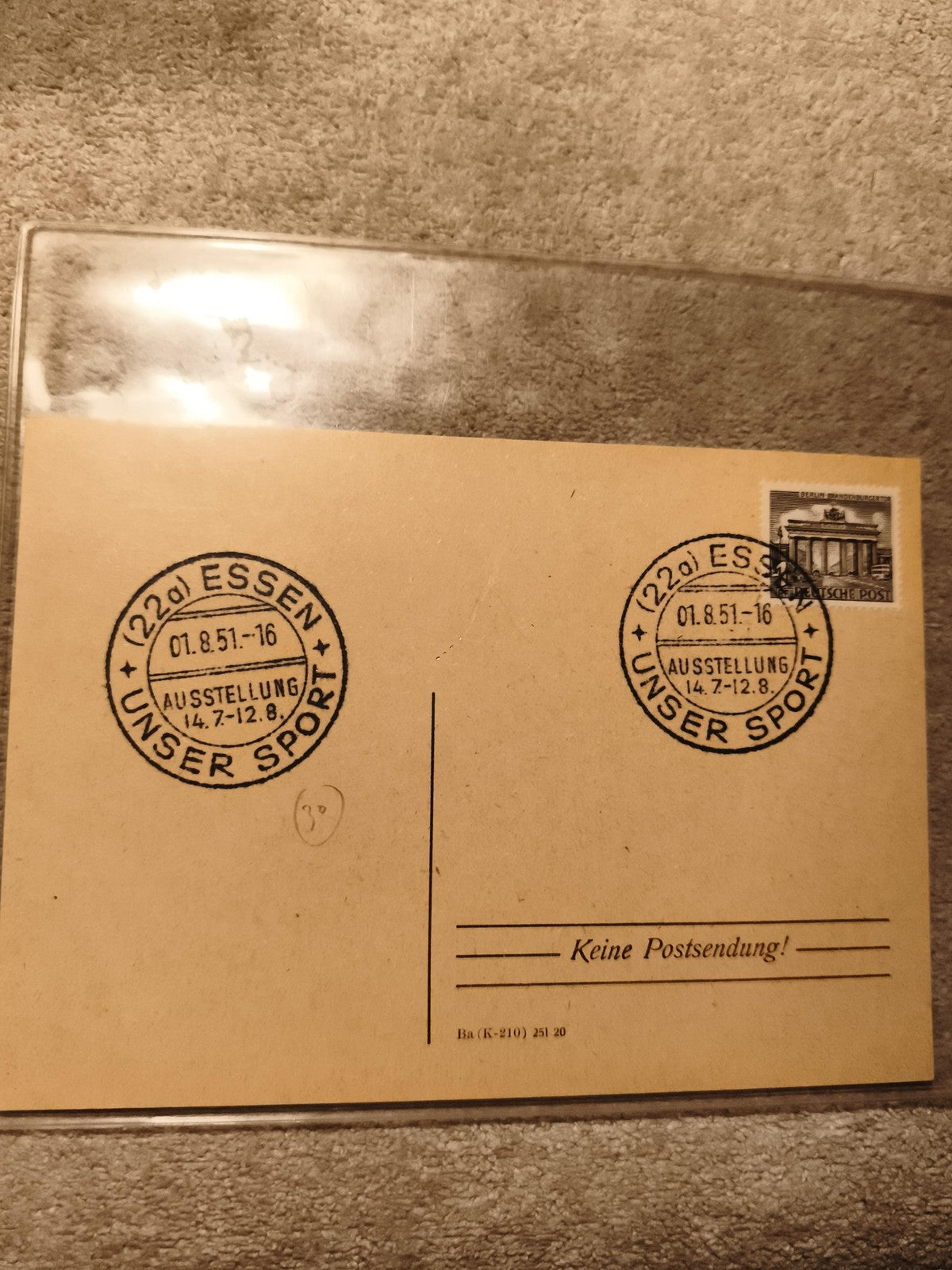 Carte postale Allemagne 1951 Essen exposition Unser Sport timbre Deutsche Post (
