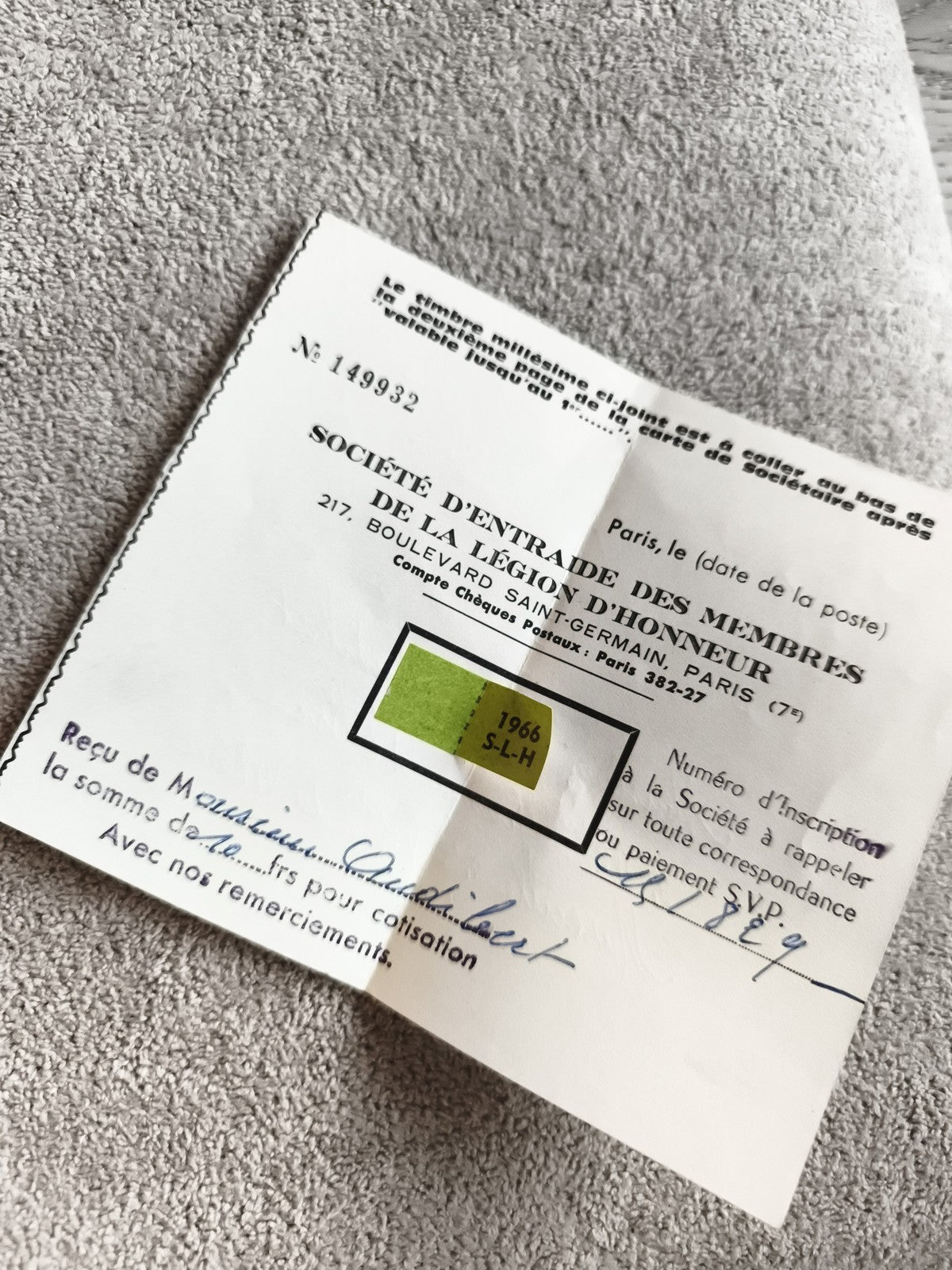 Document reçu cotisation Légion d'Honneur 1966 Société d'Entraide ancien papier