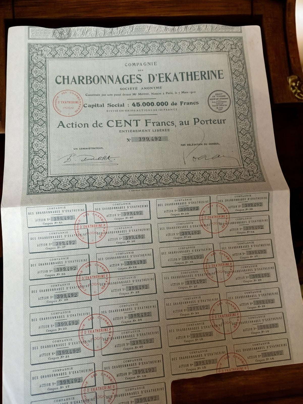 Action au porteur Charbonnages d'Ekatherine vintage 1920 ancien titre boursier
