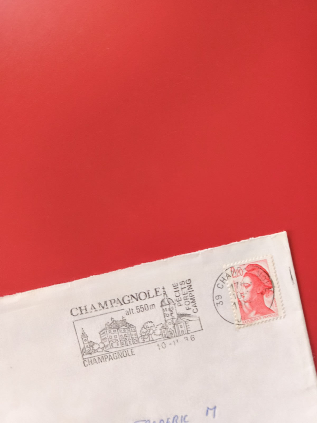 Enveloppe philatélie oblitérée Champagnole timbre rouge Marianne 2,20F