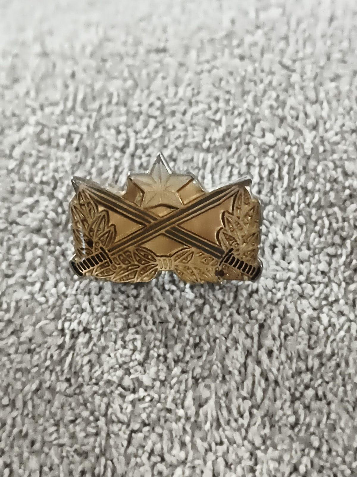 Insigne militaire vintage doré épées croisées étoile feuillage pin's ancien (Ref