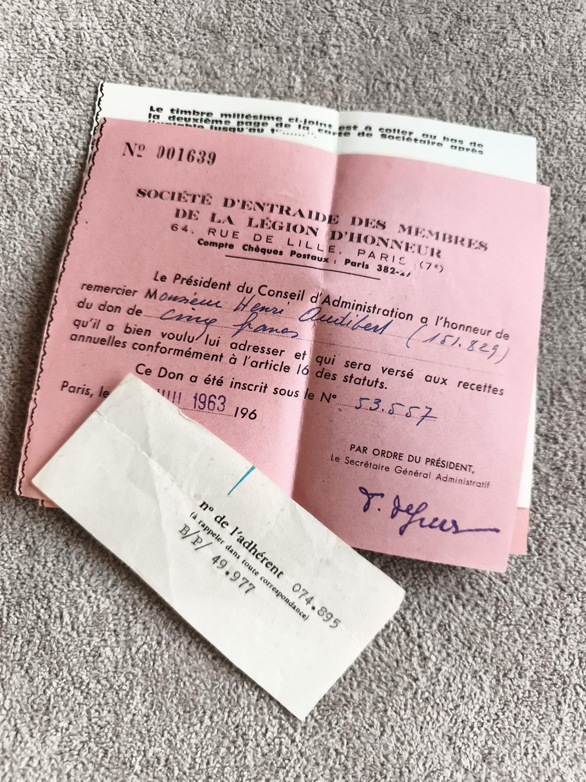 Document ancien Légion d'Honneur 1963 reçu don Paris papier vintage