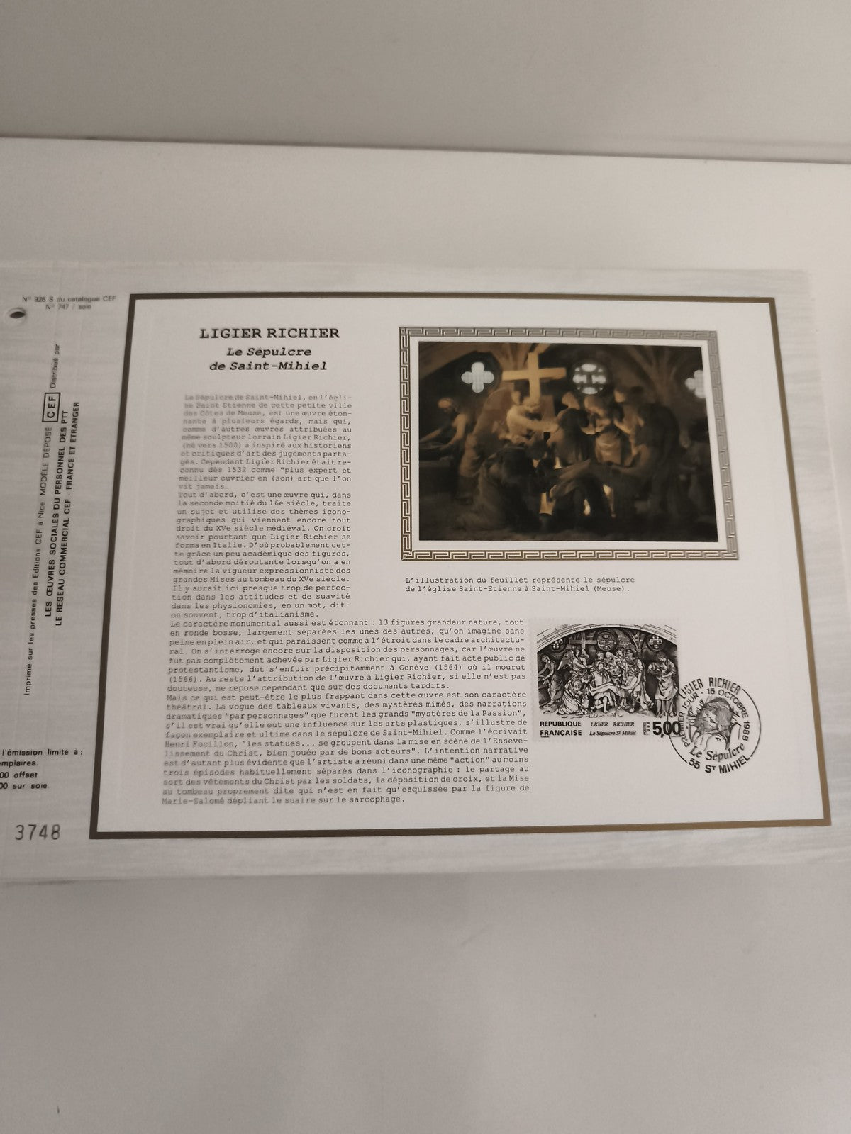 Feuillet CEF philatélie Ligier Richier Le Sépulcre de Saint-Mihiel oblitéré