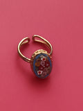 Bague ancienne micro-mosaïque florale, réglable, finition dorée vintage