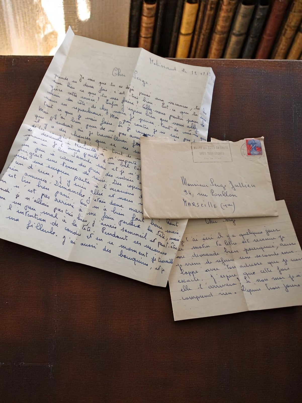 Lettre manuscrite ancienne Marseille 1950s avec enveloppe, correspondance intime