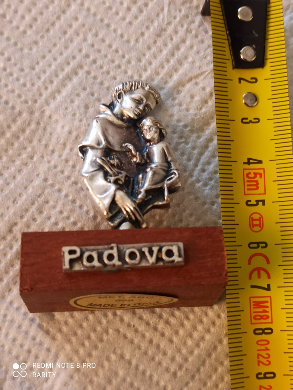 Statuette Saint Antoine Padova métal argenté socle bois vintage Italy 5 cm