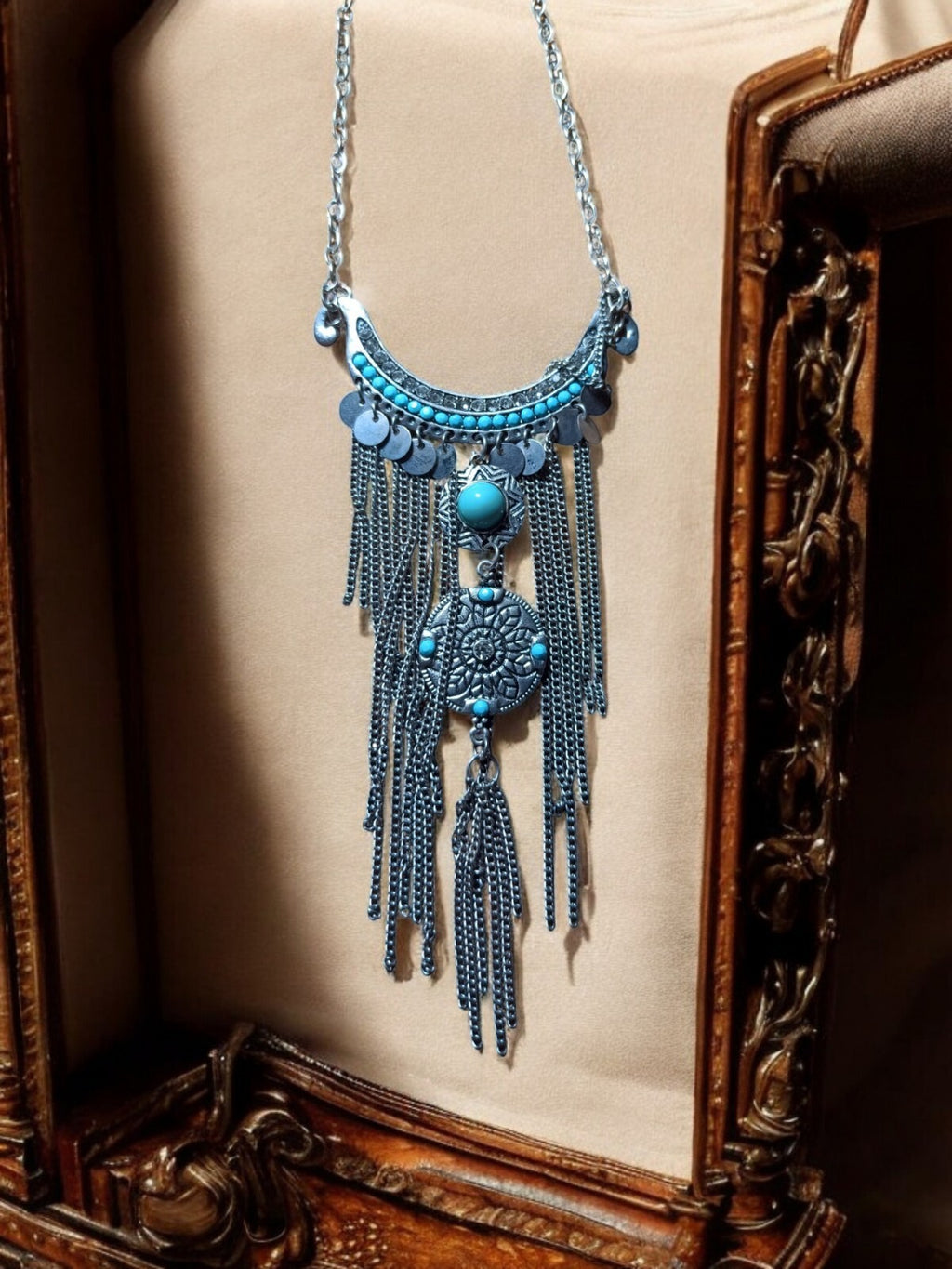 Collier ethnique vintage bleu, pendentif à chaînes, style bohème, pierre naturel