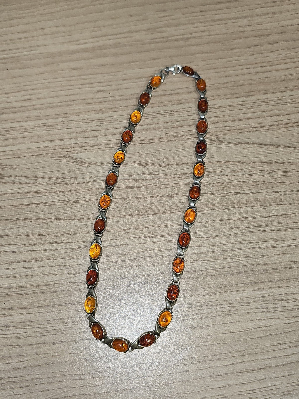 Collier vintage ancien en argent et ambre naturel, art déco années 1930 rare