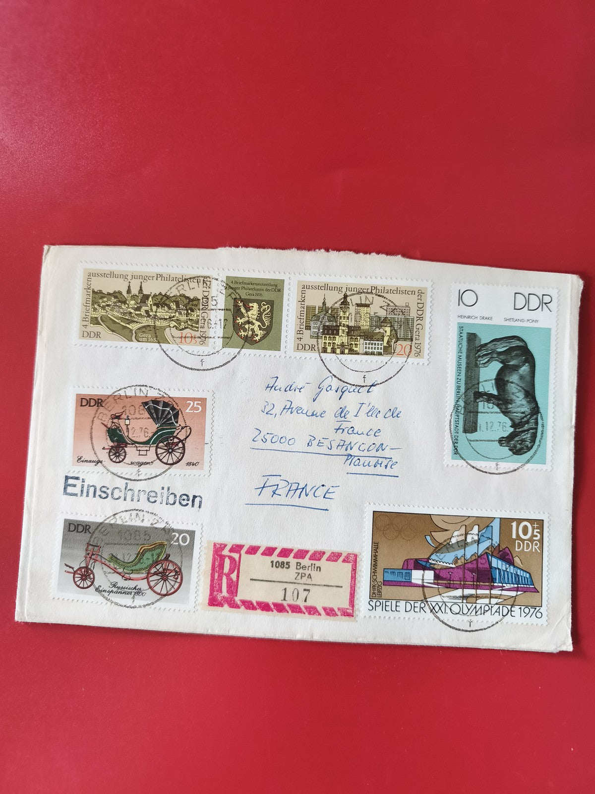Enveloppe philatélie DDR affranchie, timbres thématiques, cachets visibles