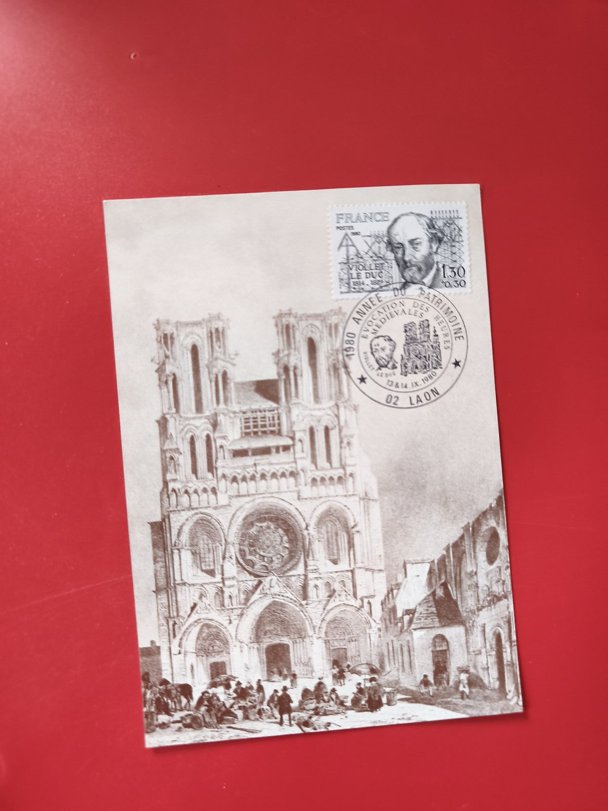 Carte postale philatélie Cathédrale Laon timbre Viollet-le-Duc oblitération