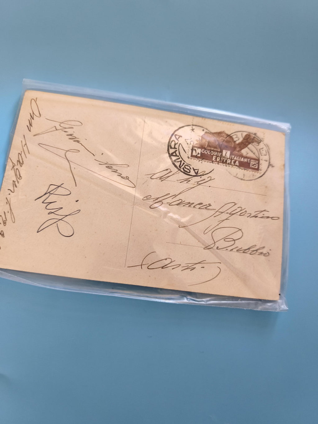 Carte postale ancienne italienne vintage avec timbre et cachet époque coloniale