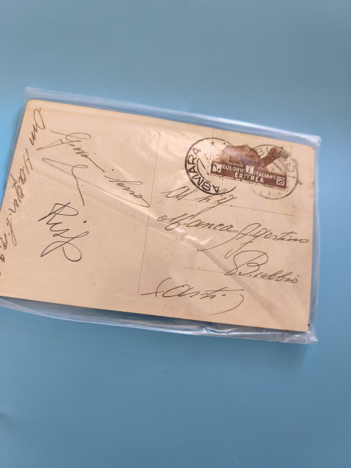 Carte postale ancienne italienne vintage avec timbre et cachet époque coloniale