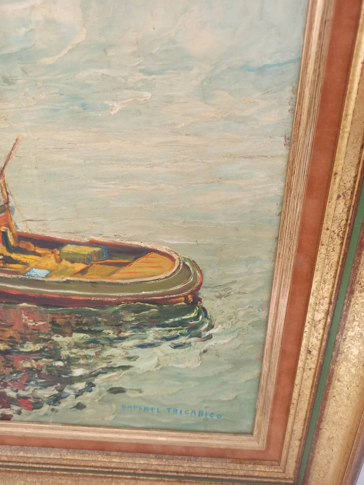 Tableau ancien bateau signé Raphael Tricarico peinture vintage marine cadre doré