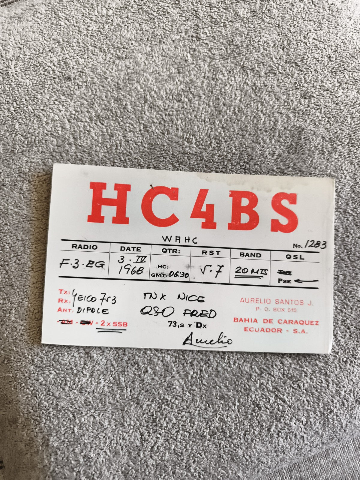 Carte QSL radio HC4BS Équateur 1968 ancienne, Bahia de Caraquez DX vintage