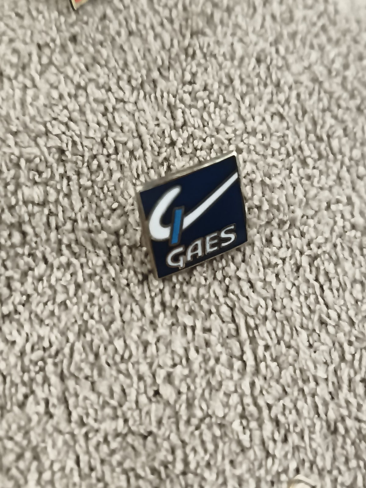 Pin's vintage GAES logo bleu, badge émaillé rectangulaire ancien (Ref 1)