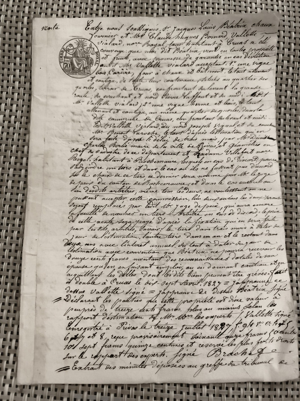 Acte notarié manuscrit ancien vente XIXe siècle cachet justice France
