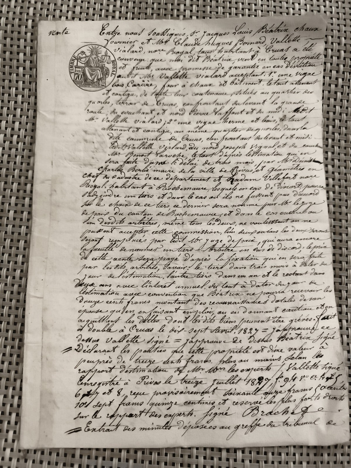 Acte notarié manuscrit ancien vente XIXe siècle cachet justice France