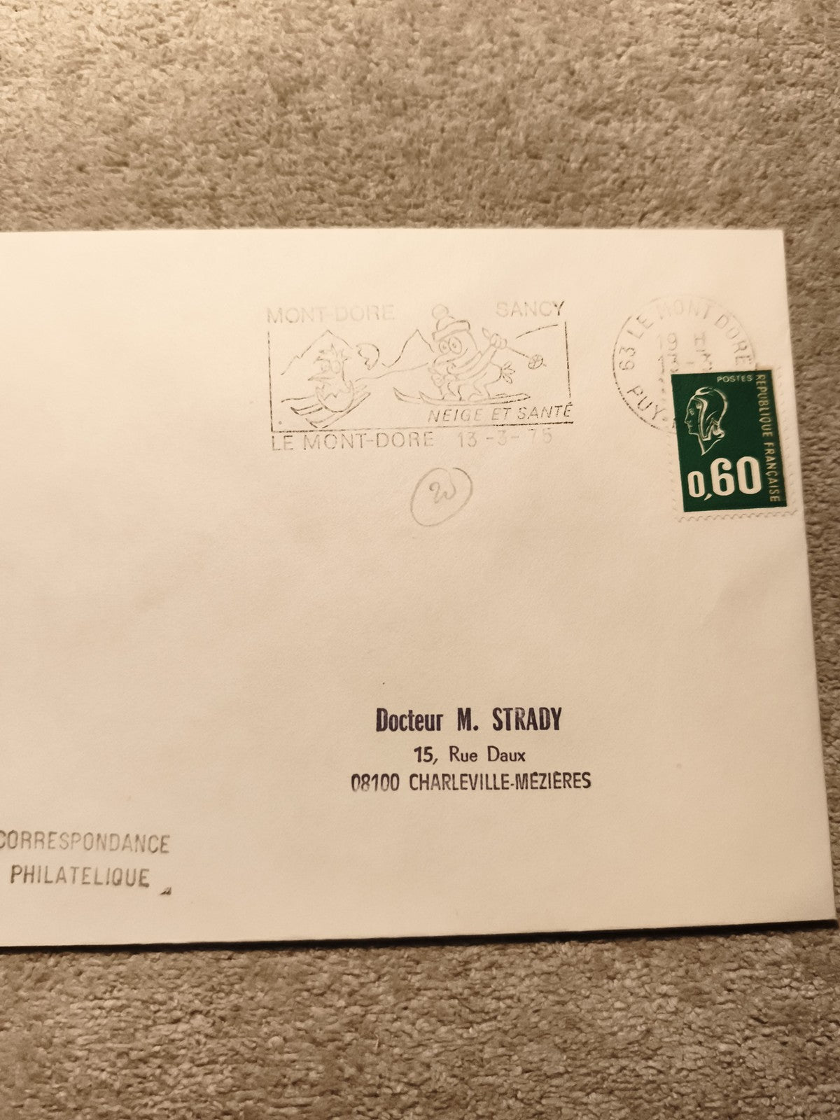 Lettre philatélique Mont-Dore Sancy oblitération ski 0,60 FRANCE correspondance