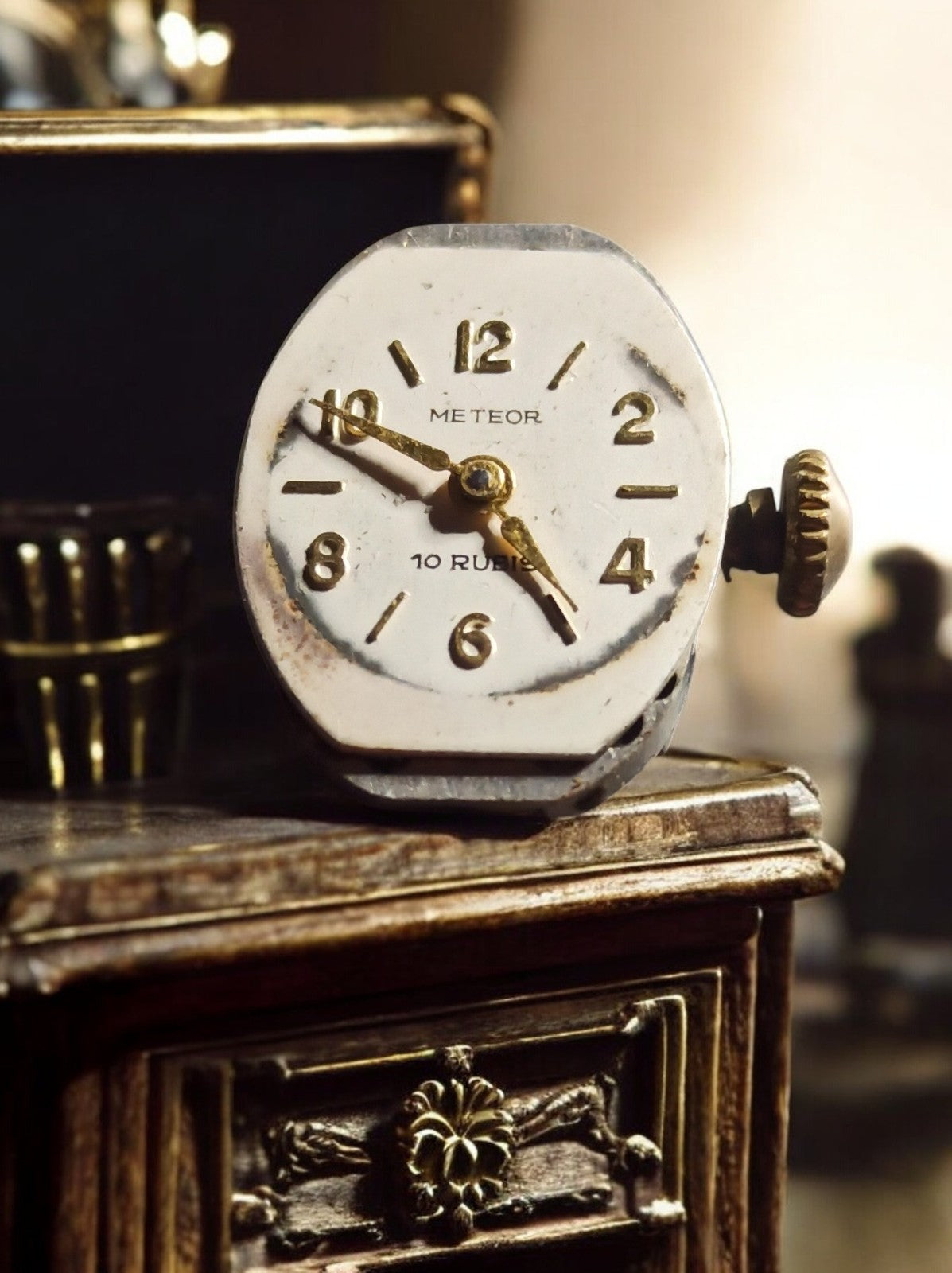 Mouvement montre mécanique Meteor ancien cadran blanc 10 rubis vintage