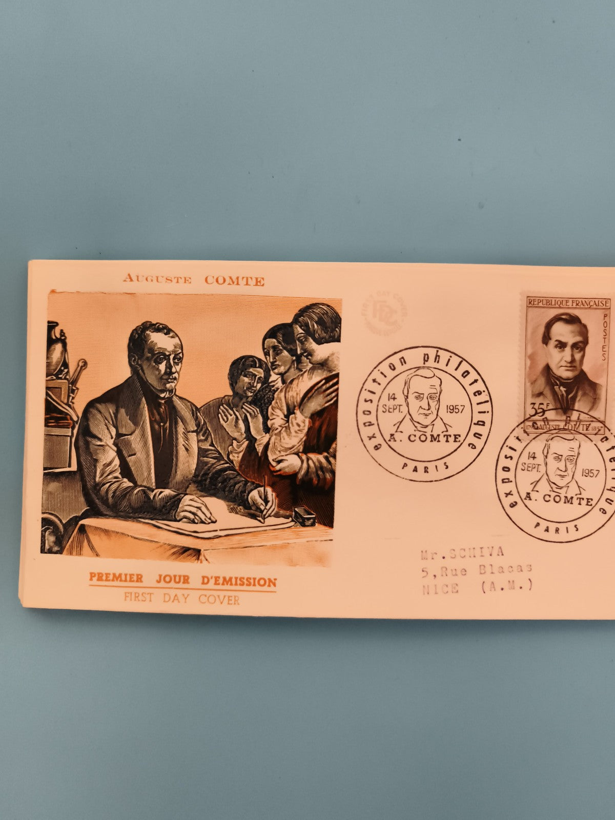 Premier jour d’émission Auguste Comte FDC 1957 timbre France oblitéré philatélie