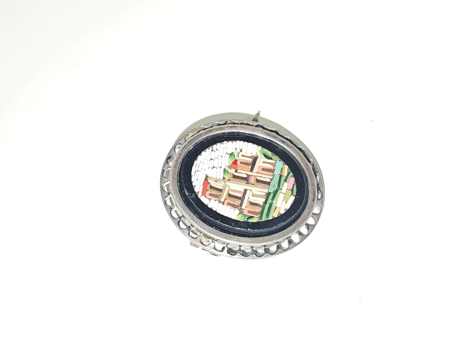 Broche ancienne micro mosaïque argent XIXe siècle vintage rare bijou rétro colle