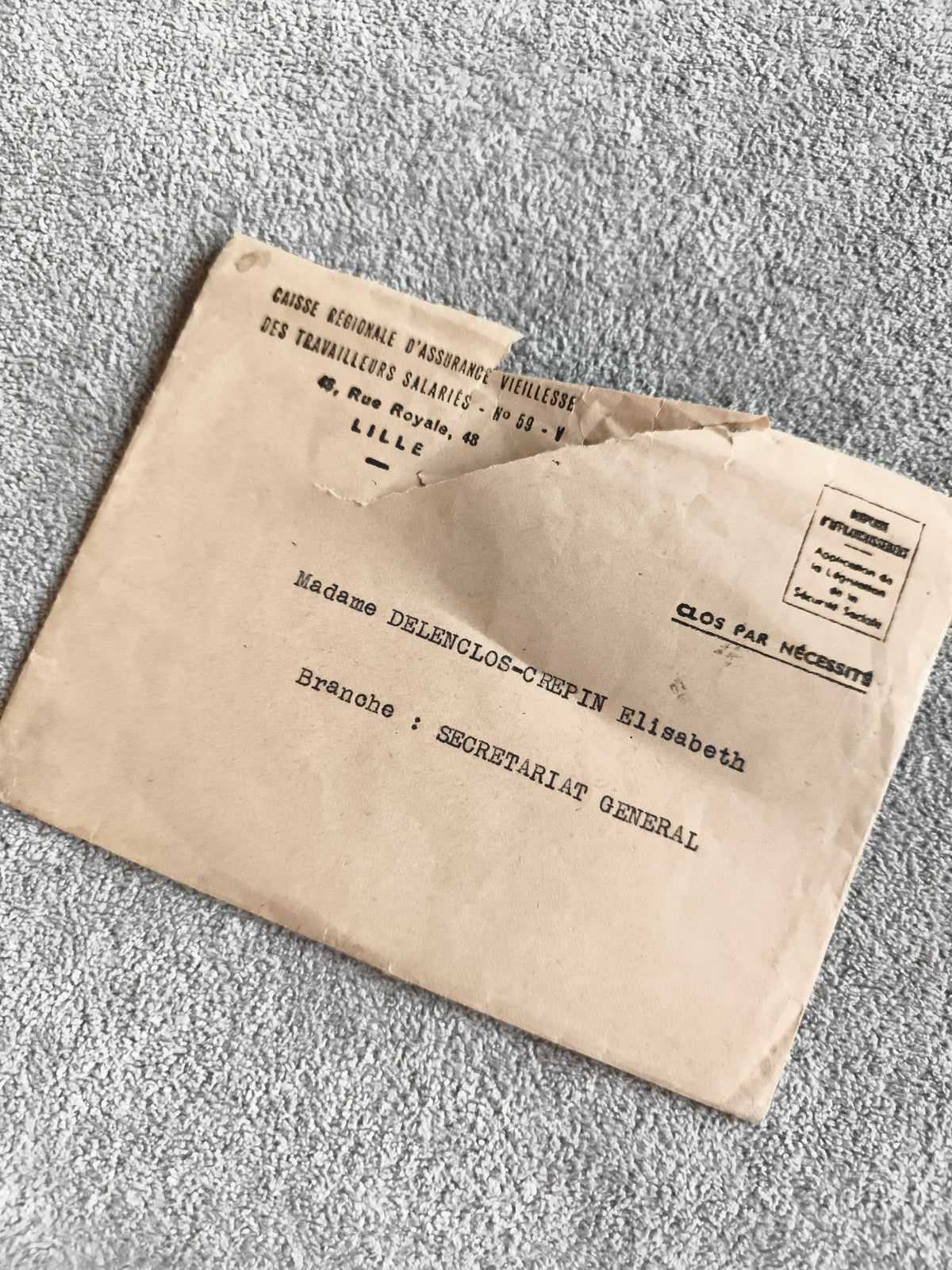 Lettre ancienne Caisse Assurance Vieillesse Lille enveloppe dactylographiée WW1