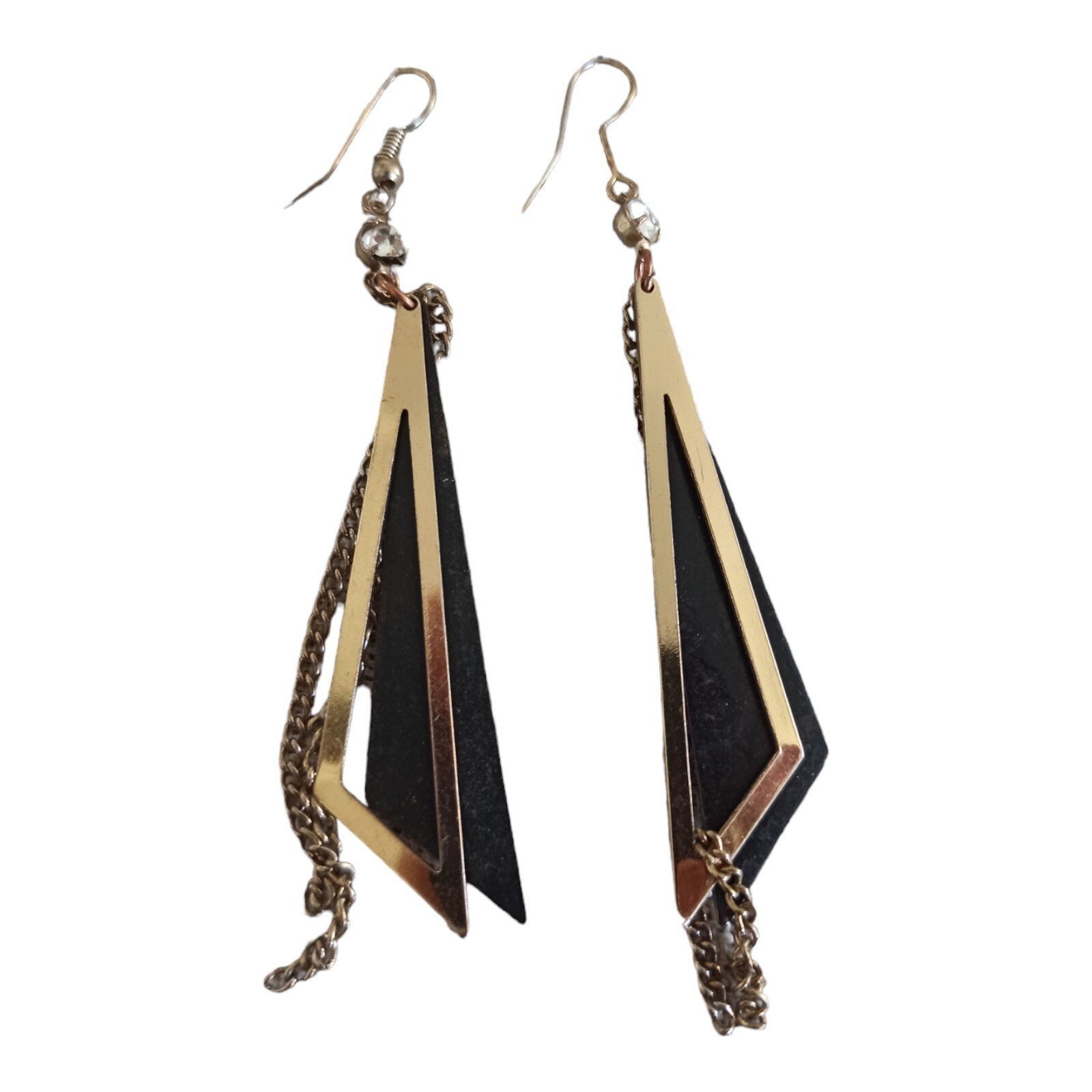 Boucles d’oreilles vintage pendantes triangles dorés noir années 80 art déco