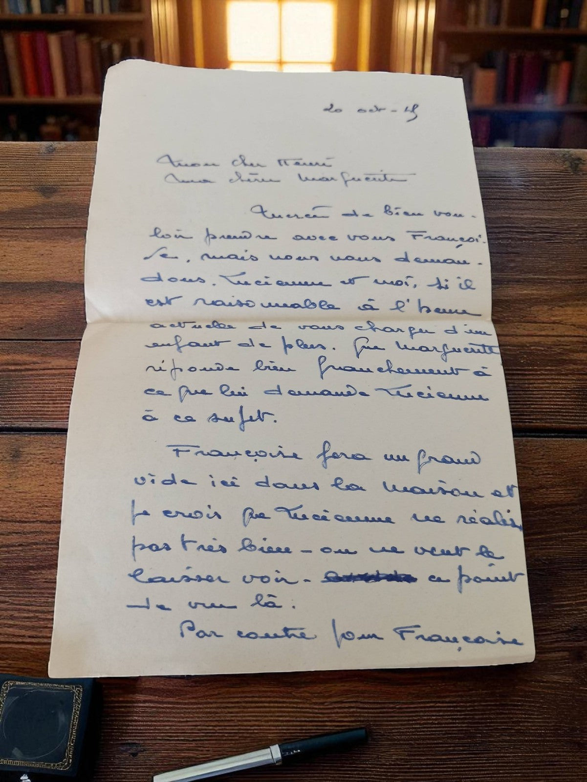 Lettre manuscrite ancienne 1949 encre bleue, époque post Seconde Guerre