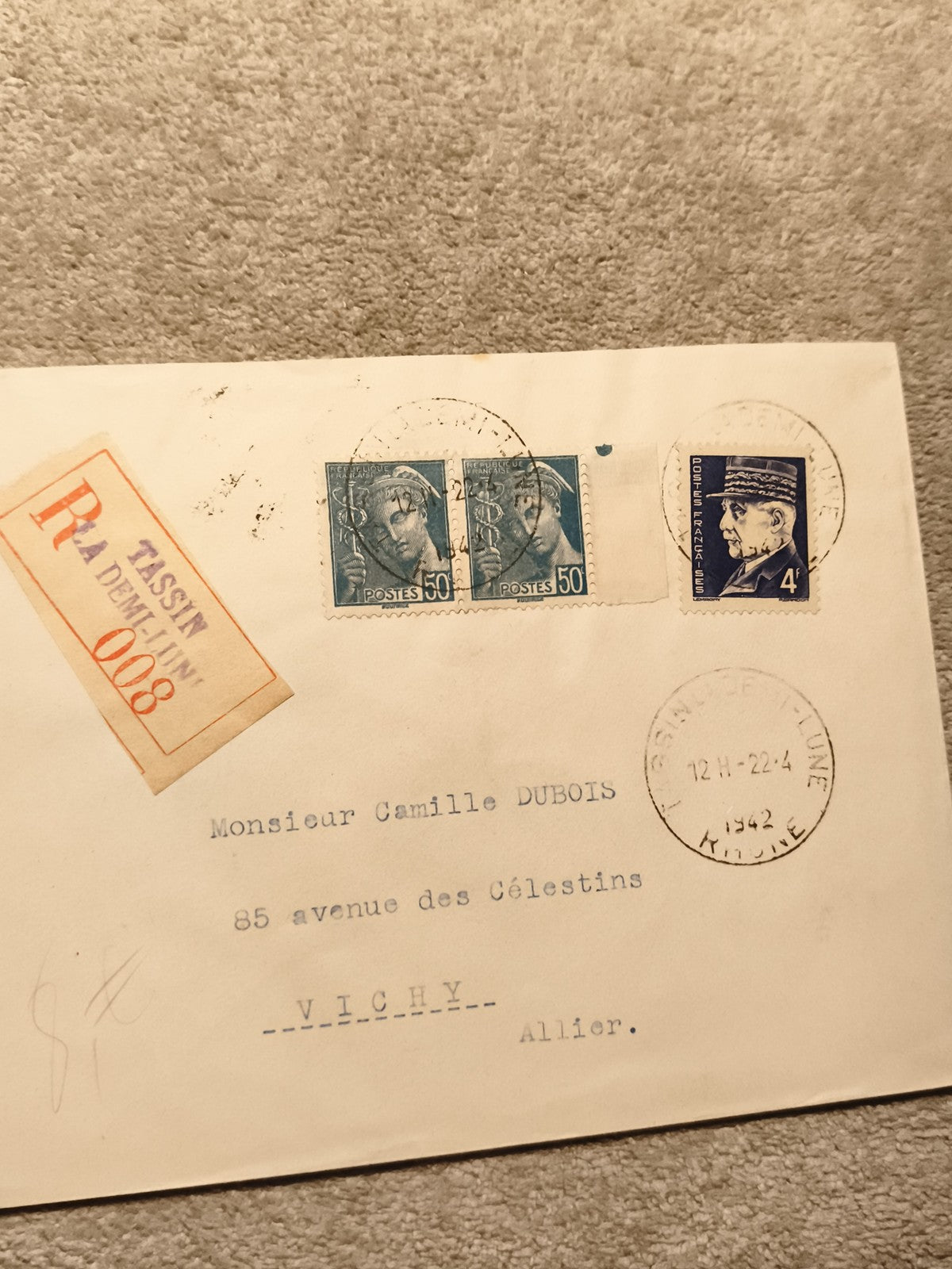 Lettre recommandée France 1942 timbres Marianne Pétain oblitérés Tassin Philatél