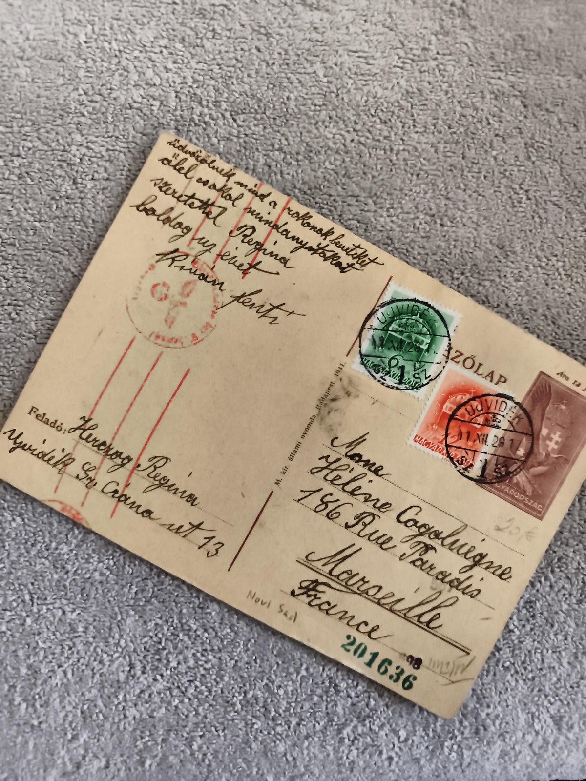 Carte postale Hongrie 1941 timbres oblitérés, Marseille, philatélie
