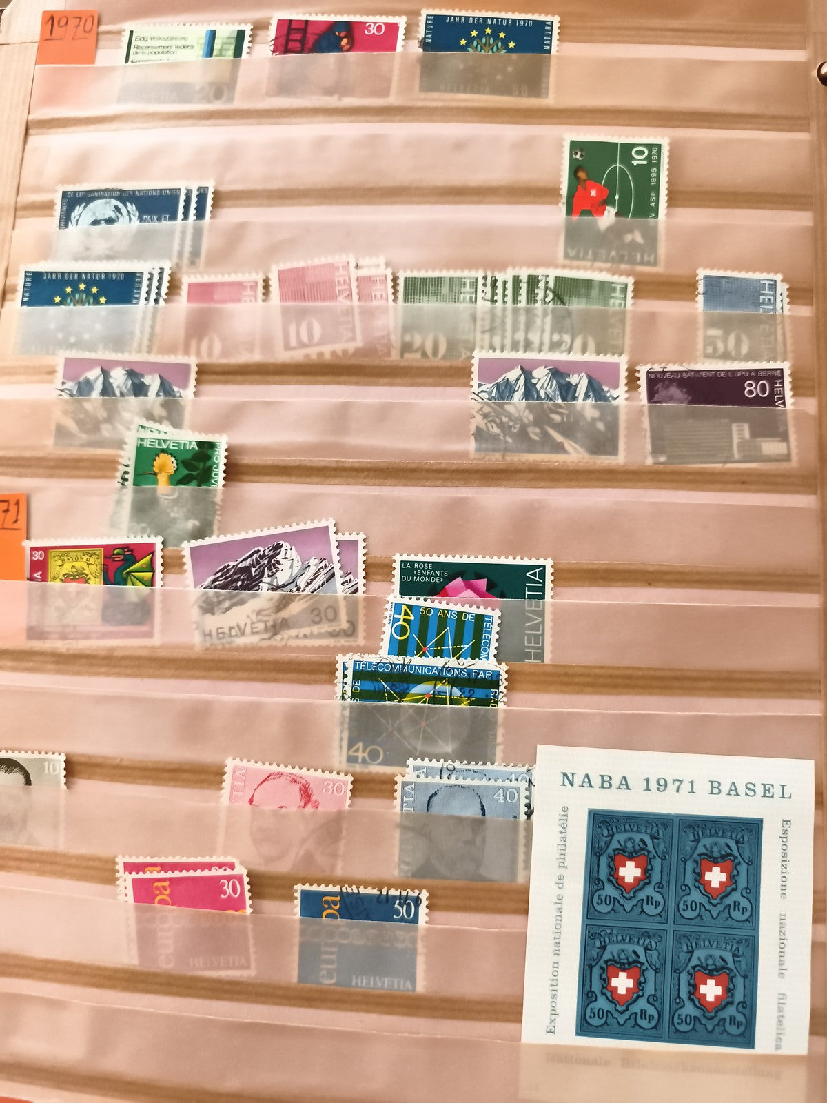 Timbres Suisse Helvetia 1970-1971 lot, Europa, sport, NABA Bâle philatélie